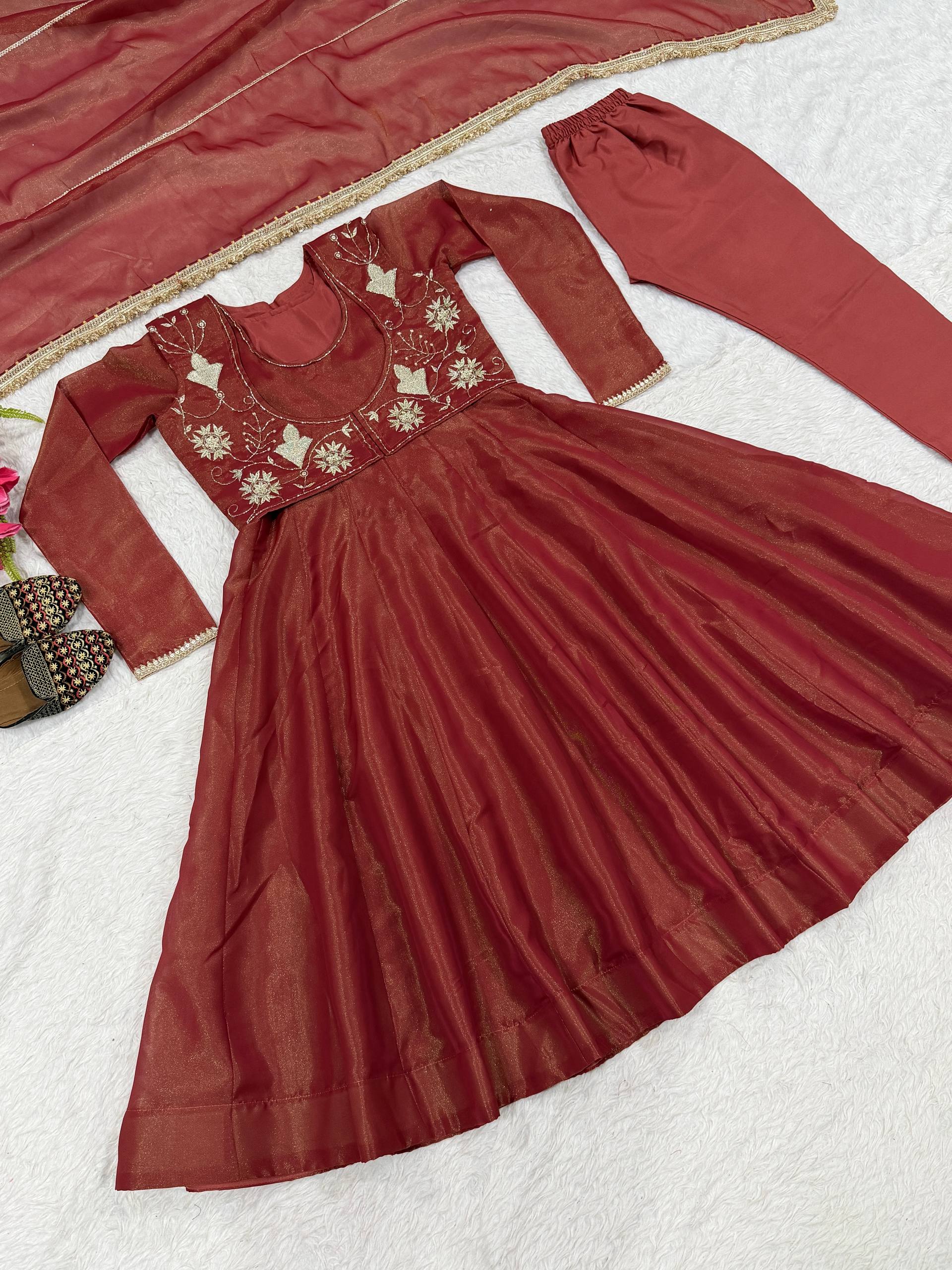 Regal Terracotta Zari-Bodice Anarkali Set